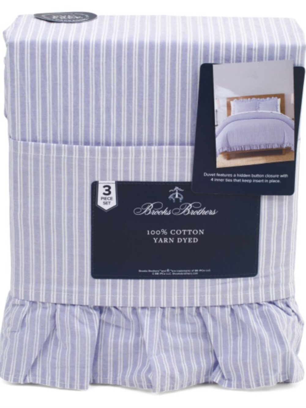 3pc Brooks Brothers Blue White Stripe Ruffle KING Duvet Sham Set 100% Cotton NEW